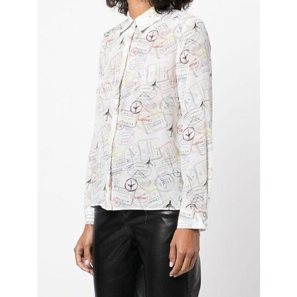 Alice + Olivia Willa Globe Trotter Travel Stamp Print Shirt Silk Top Postcard XS - Picture 3 of 7